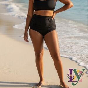 High Waisted Black Ruched Swim Bottoms Plus Size XL Bikini Tummy Control
